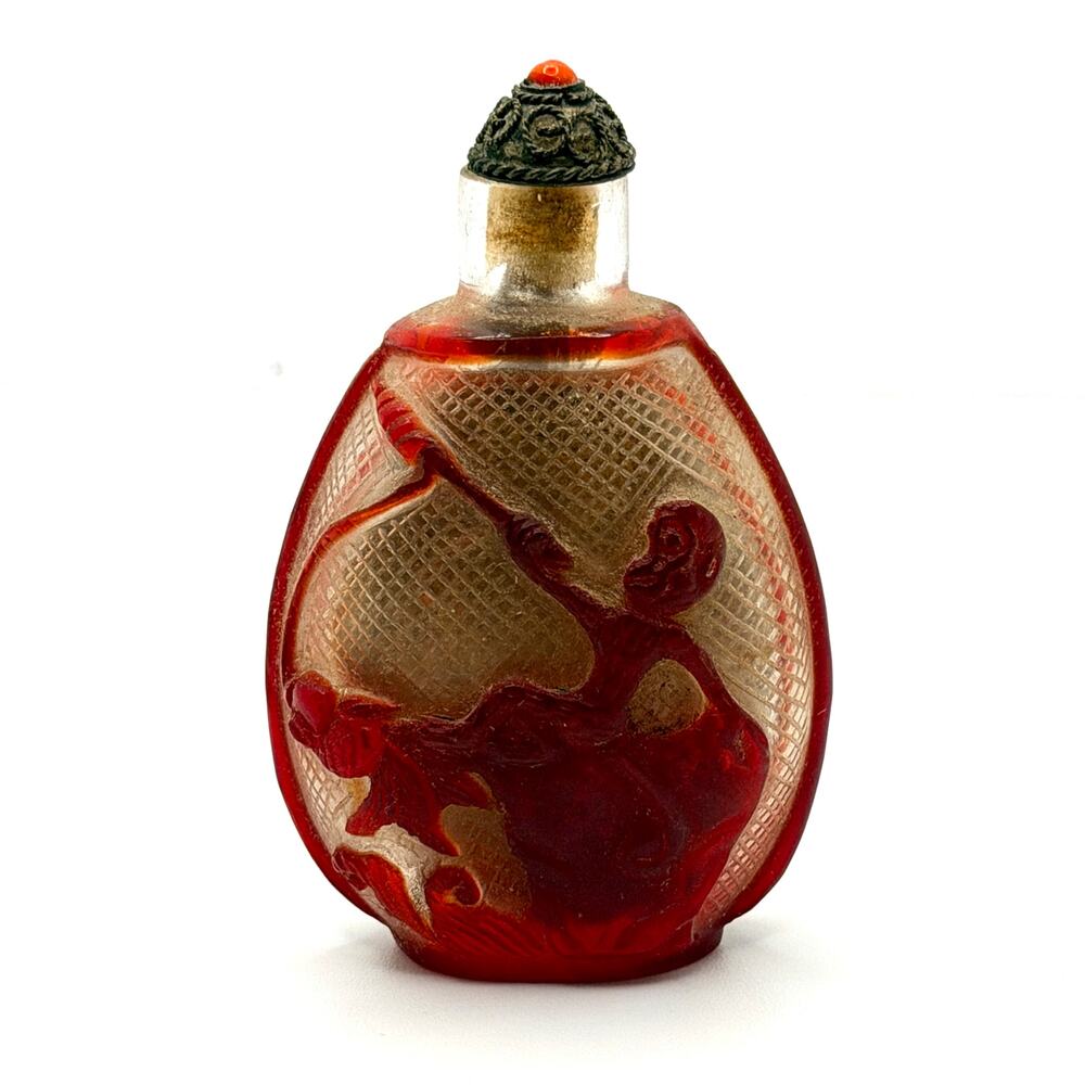 Vintage 60s Red Peking Glass Chinoiserie Figural Carved Overlay Snuff Bottle